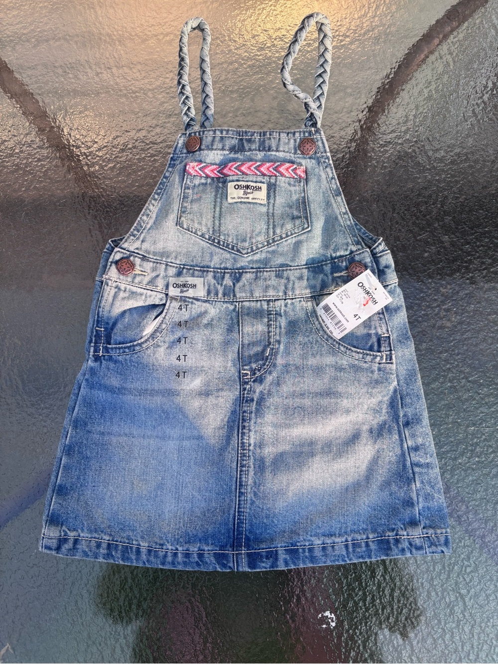 OshKosh B'gosh Blue Denim Overall Dress with Pink Chevron Detail